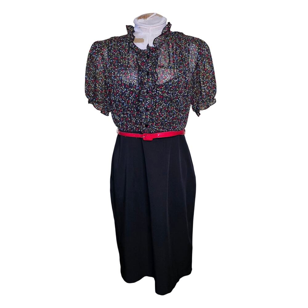 Y2K Scarlett Floral black sheer Dress Womens Size 10 ruffles with belt READ DESC